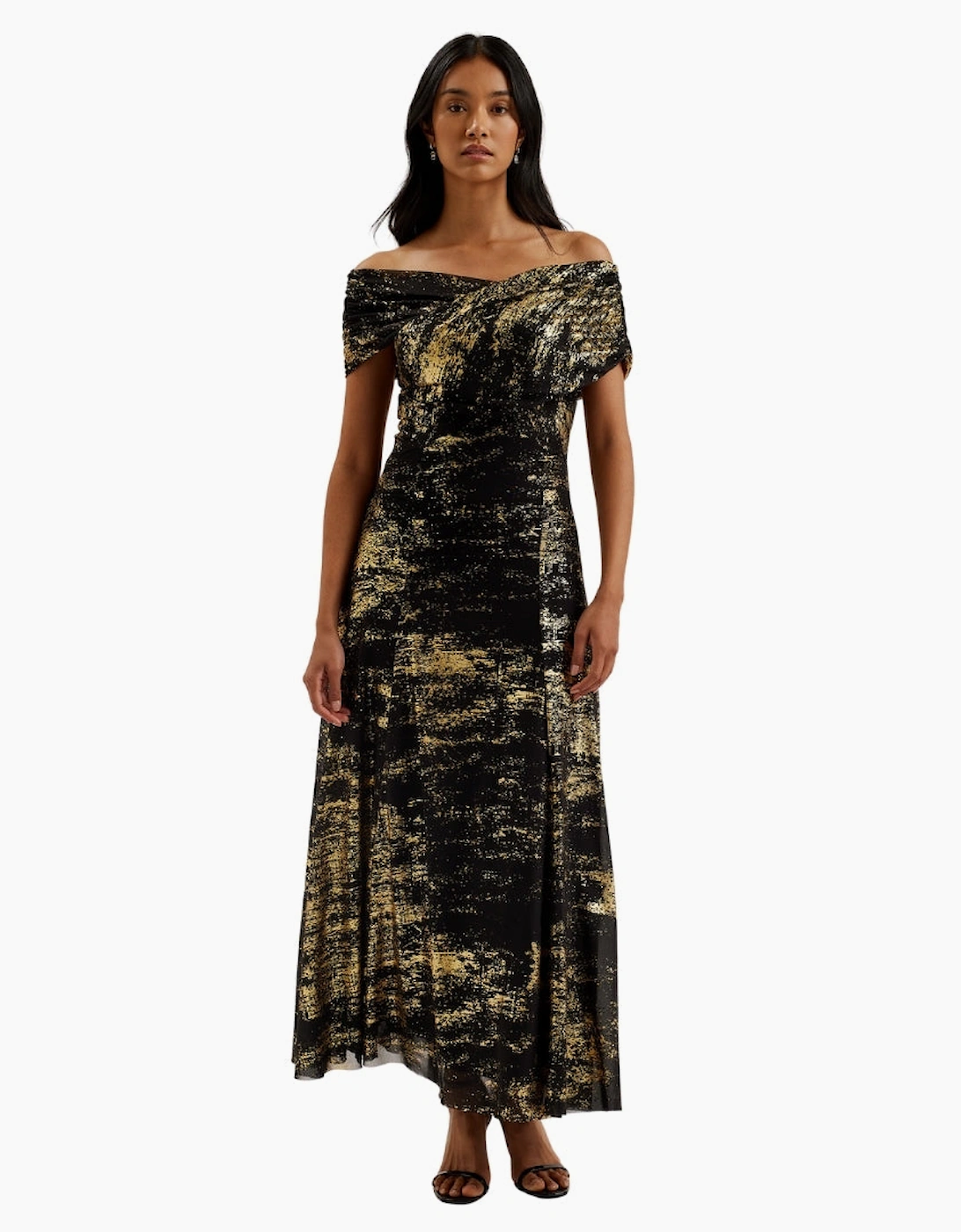 Ted Baker Serinha Bardot Foil Printed Black Midi Dress