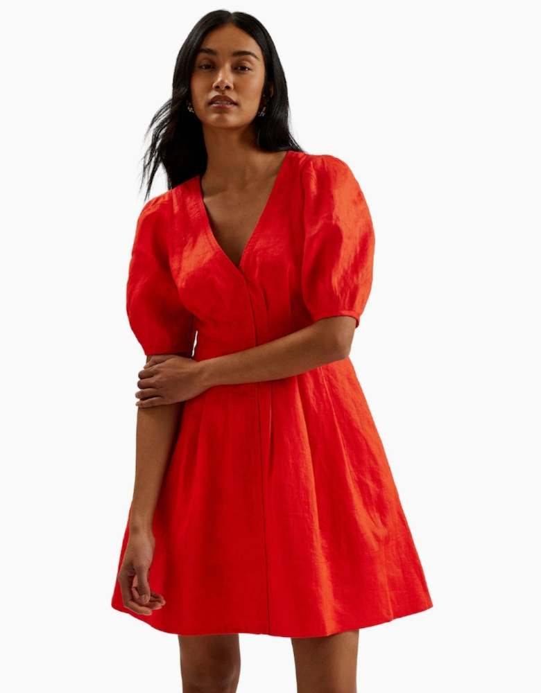 Ted Baker Koyo Linen Puff Sleeve Red Mini Dress