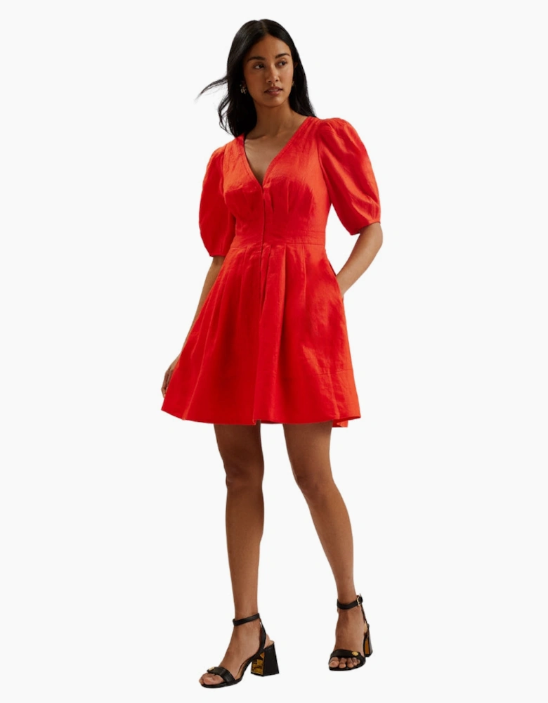 Ted Baker Koyo Linen Puff Sleeve Red Mini Dress