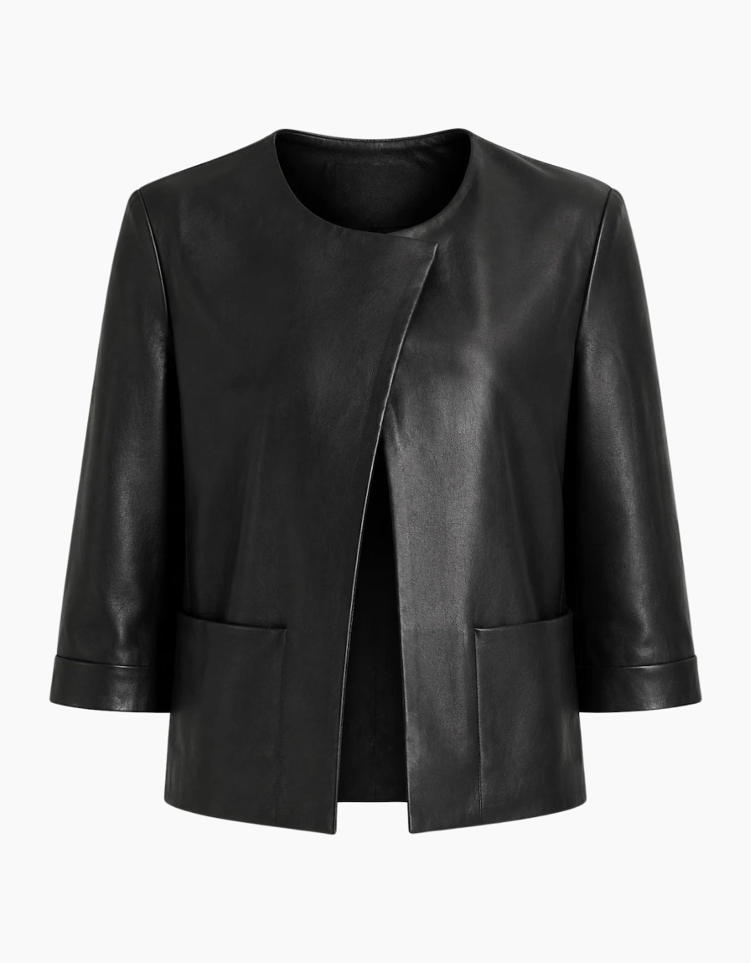 Women's Ted Baker Obino Short Sleeve Black Leather Open Front Jacket - Size: 12
