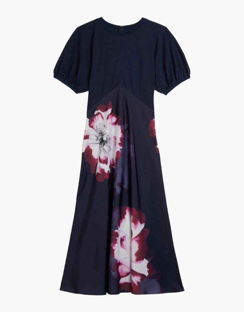 Ted Baker Mitzic Ponte Bodice Printed Navy Satin Dress