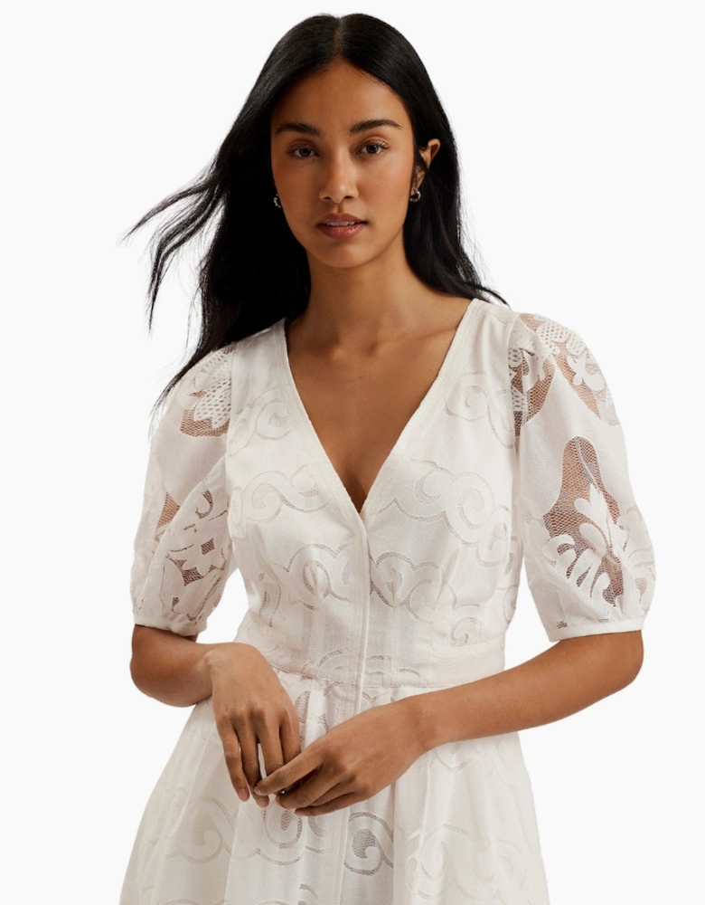 Ted Baker Agnel Lace Puff Sleeve White Midi Dress
