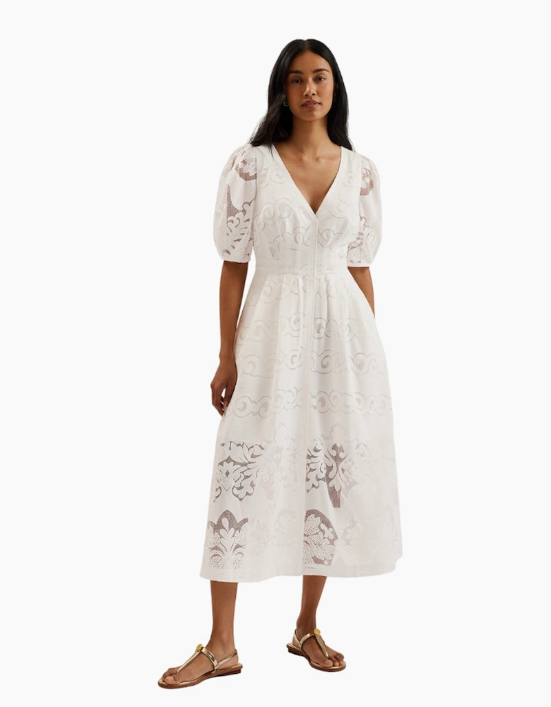 Ted Baker Agnel Lace Puff Sleeve White Midi Dress