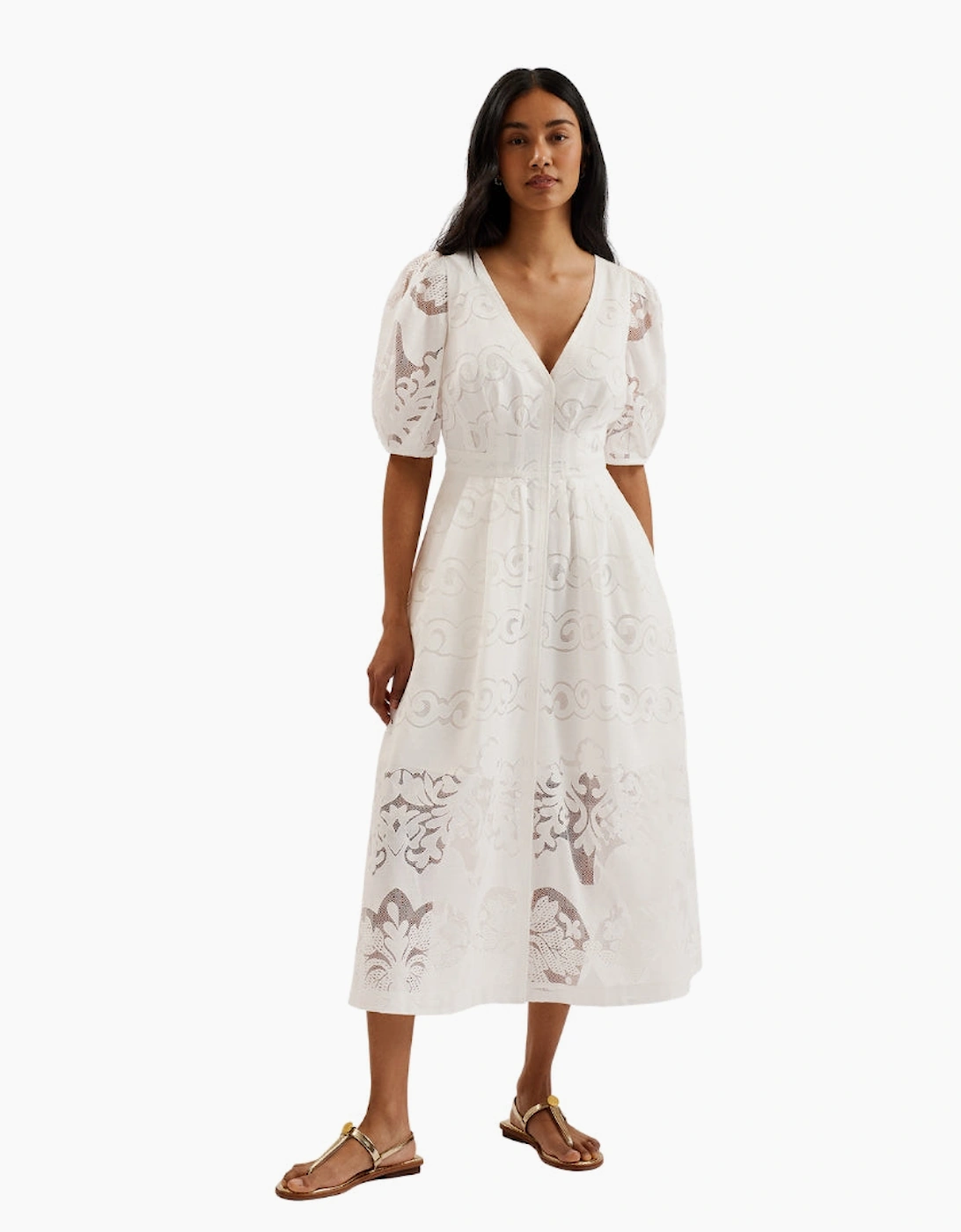 Ted Baker Agnel Lace Puff Sleeve White Midi Dress