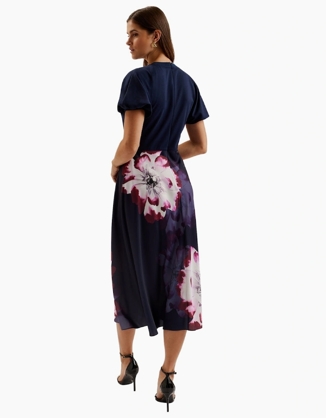 Ted Baker Mitzic Ponte Bodice Printed Navy Satin Dress