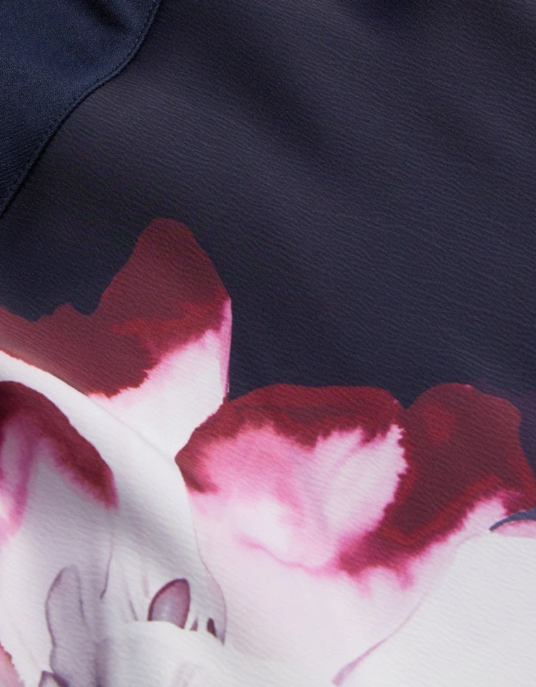 Ted Baker Mitzic Ponte Bodice Printed Navy Satin Dress