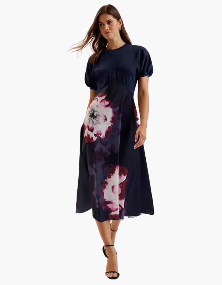 Ted Baker Mitzic Ponte Bodice Printed Navy Satin Dress