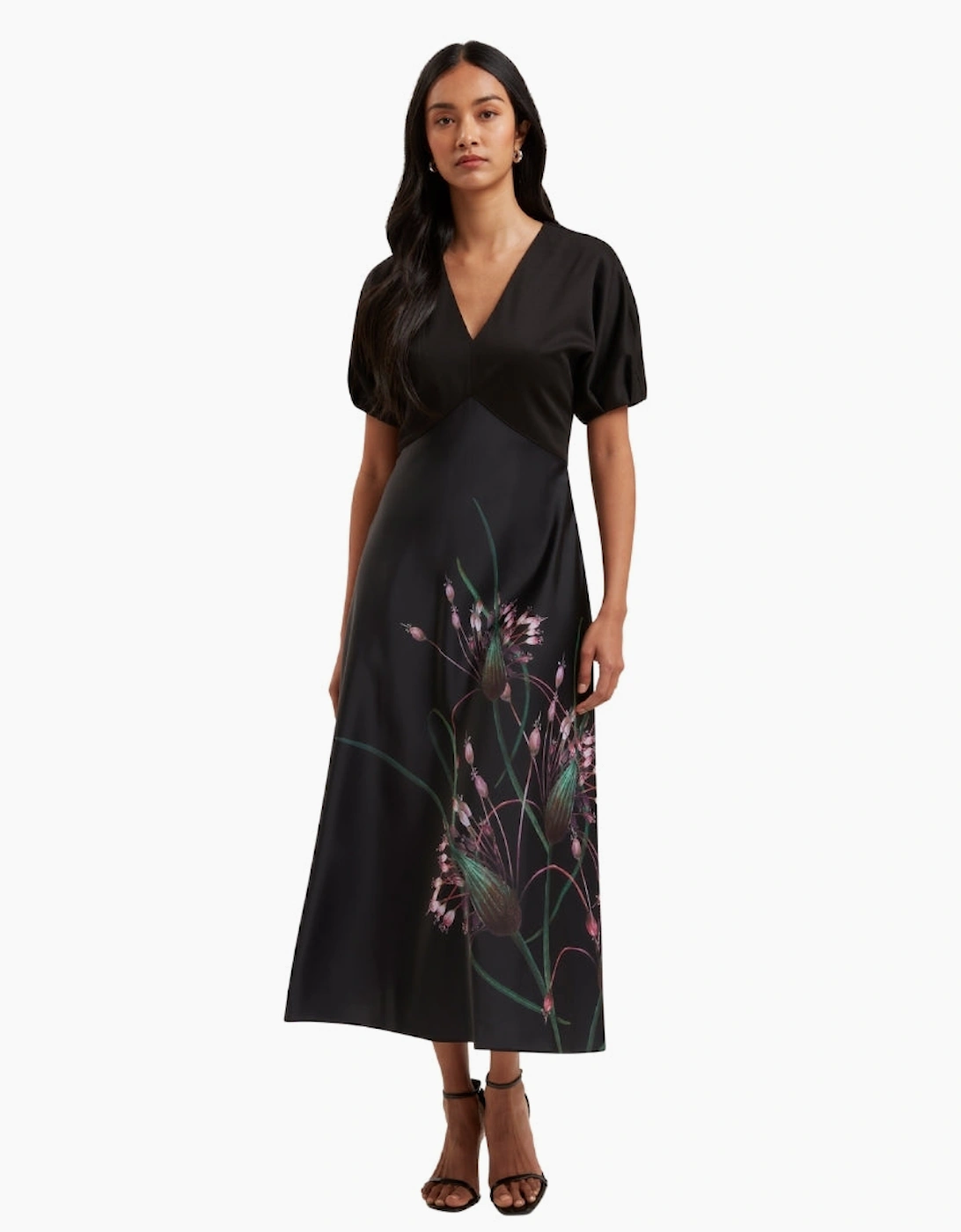 Ted Baker Sado Printed Ponte Bodice Satin Black Dress