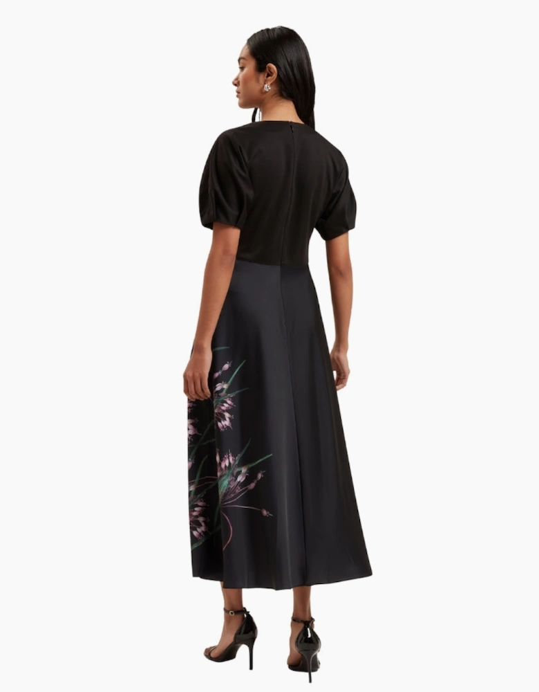Ted Baker Sado Printed Ponte Bodice Satin Black Dress