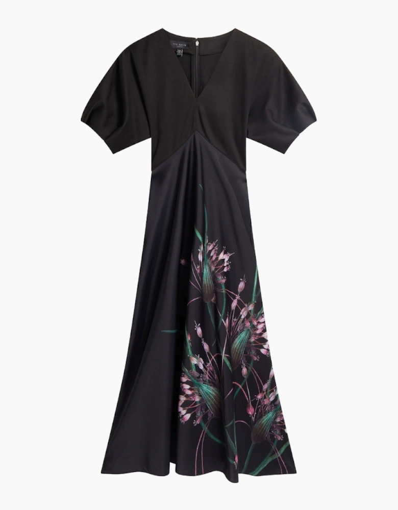 Ted Baker Sado Printed Ponte Bodice Satin Black Dress
