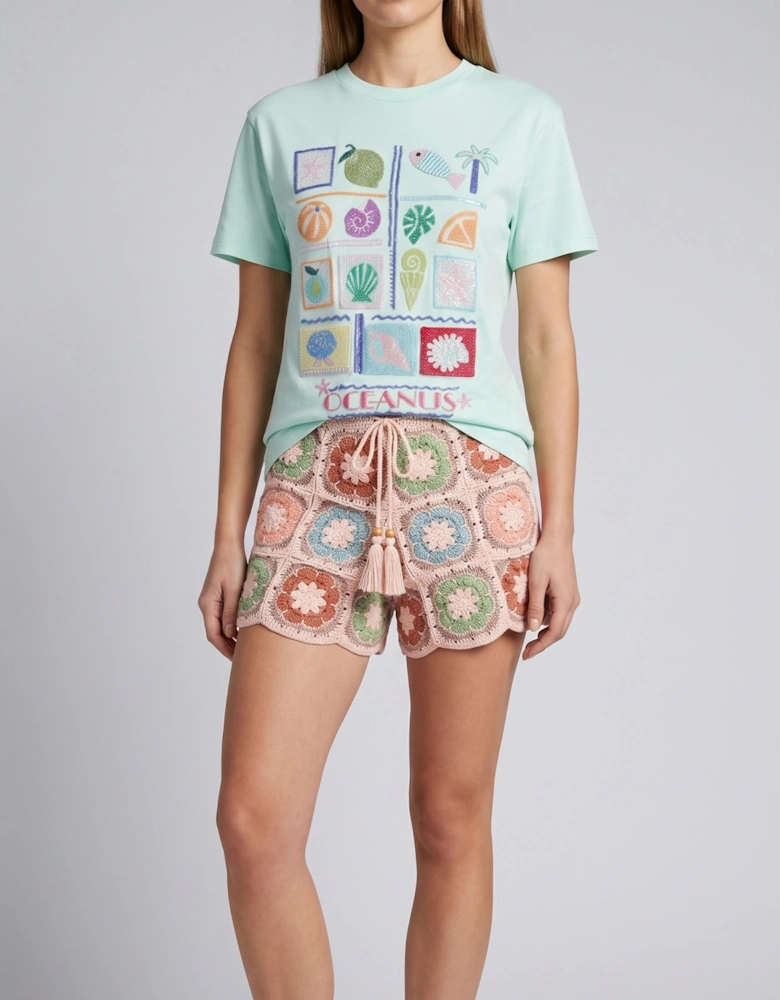 Green Mint Plage Tee Beaded T-shirt