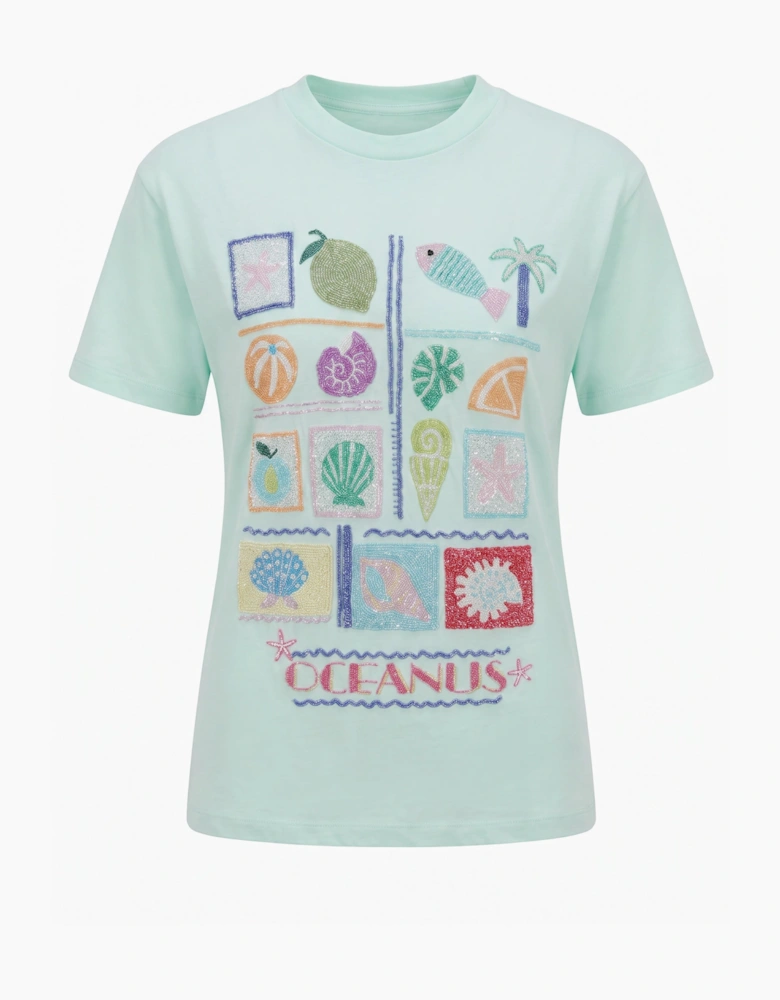 Green Mint Plage Tee Beaded T-shirt