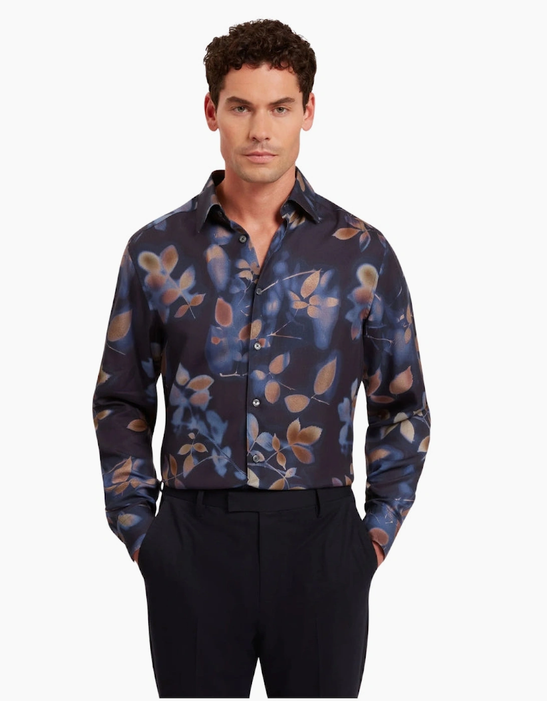 Ted Baker Kalmill Regular Fit Leaf Shadow Print Navy Shirt
