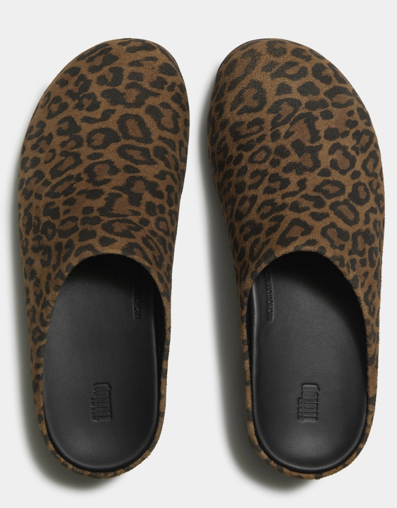 FitFlop Shuv Womens Suede Leopard Mules - Tan/Black E76