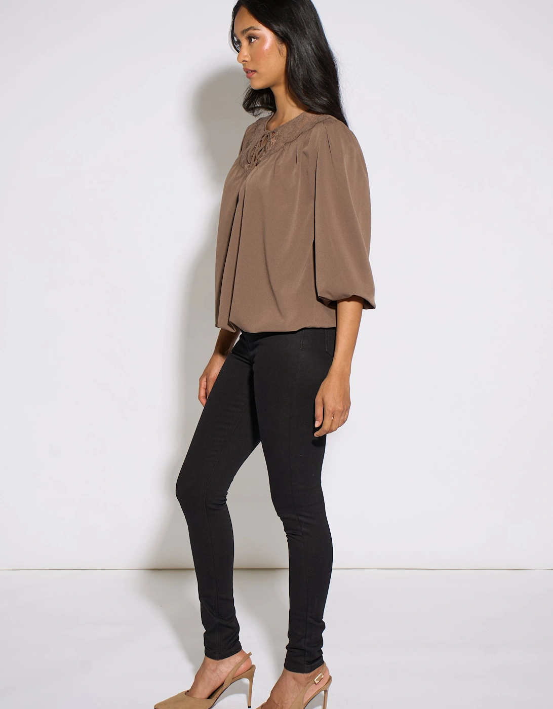 Mocha Lace Trim Bubble Hem Blouse