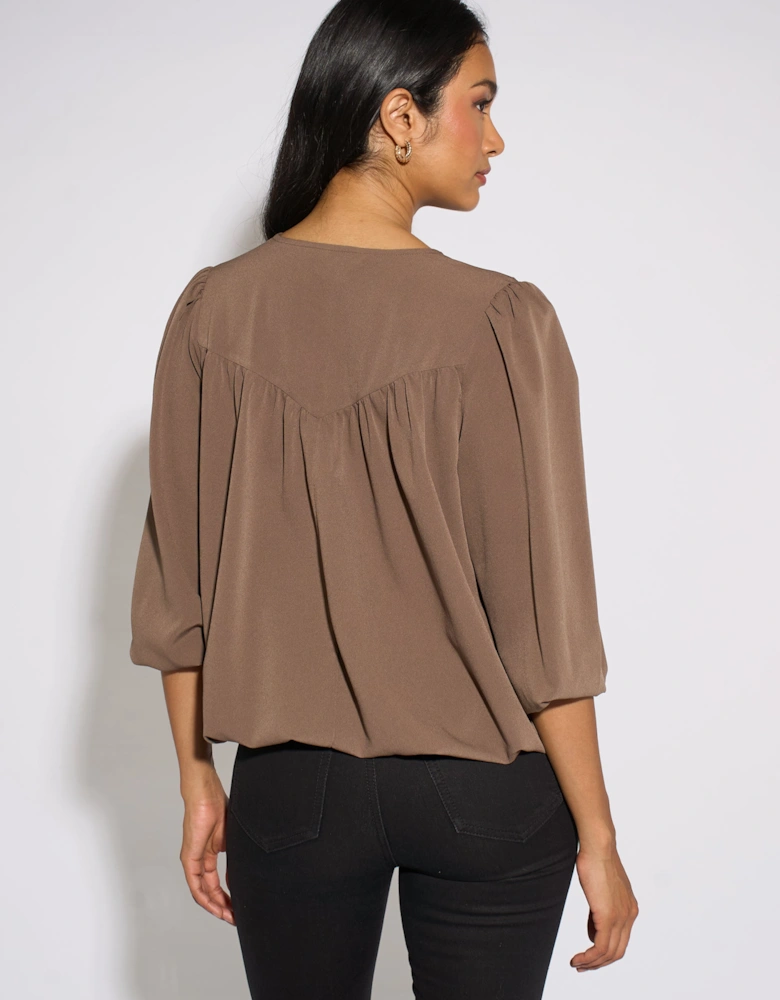 Mocha Lace Trim Bubble Hem Blouse