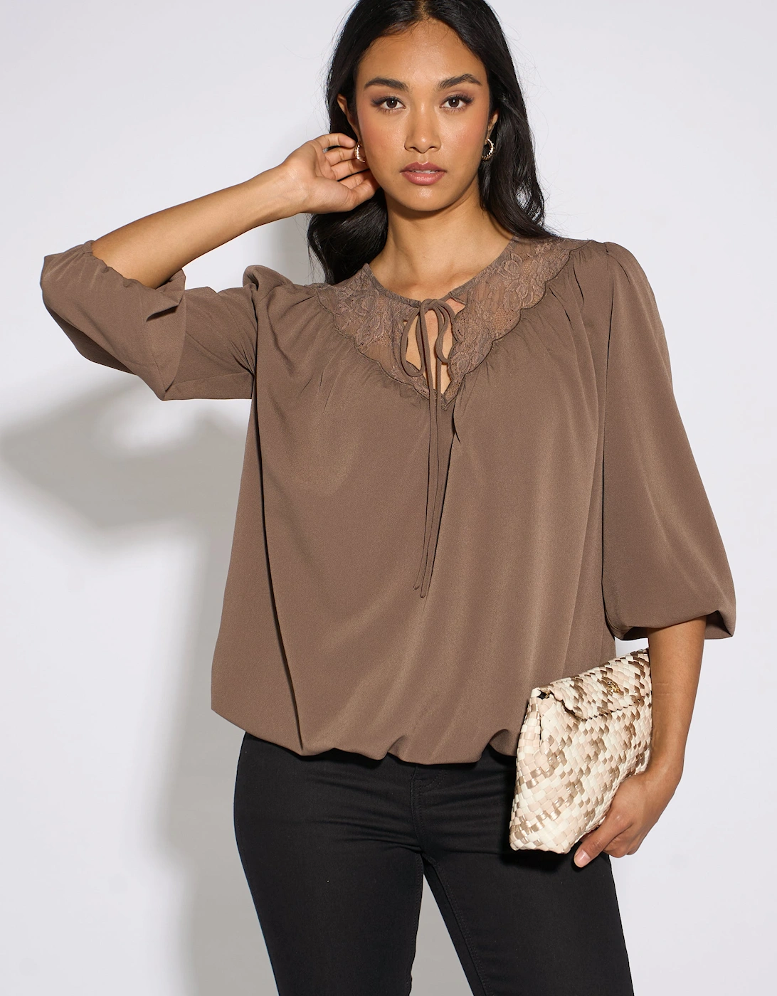 Mocha Lace Trim Bubble Hem Blouse