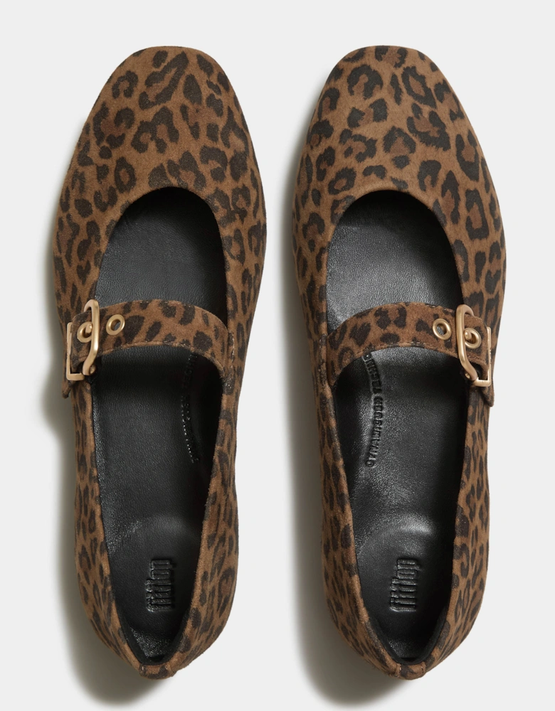 FitFlop Delicato Womens Suede Leopard Mary Janes - Tan/Black E76