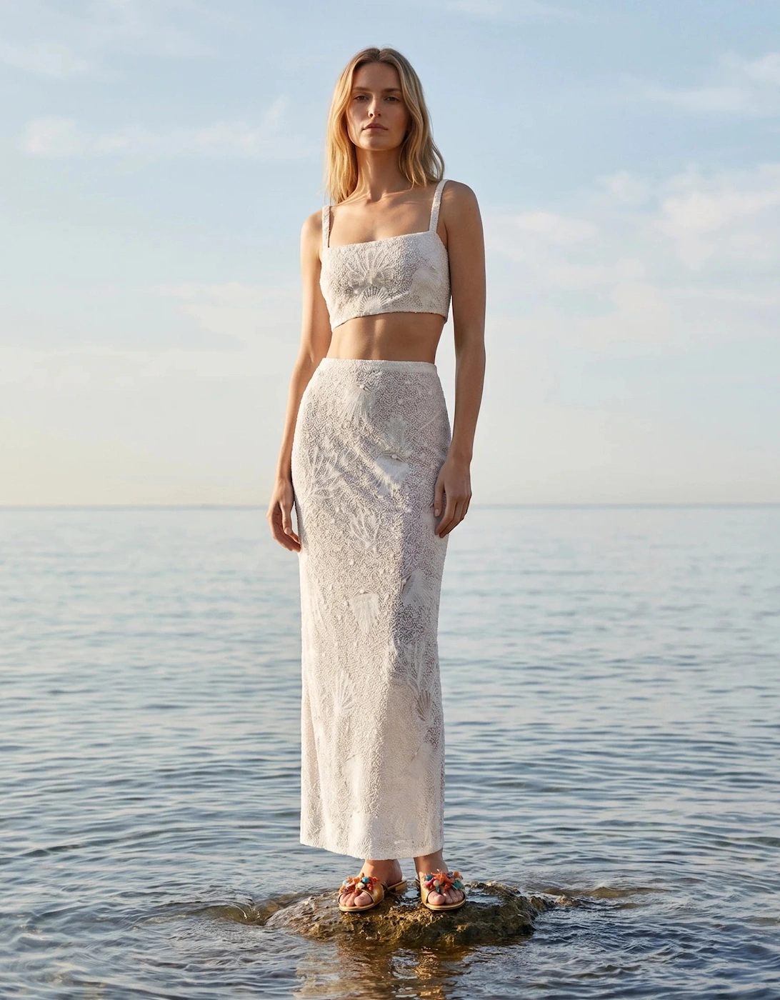 Faith Beaded Powermesh Jellyfish Maxi Skirt White