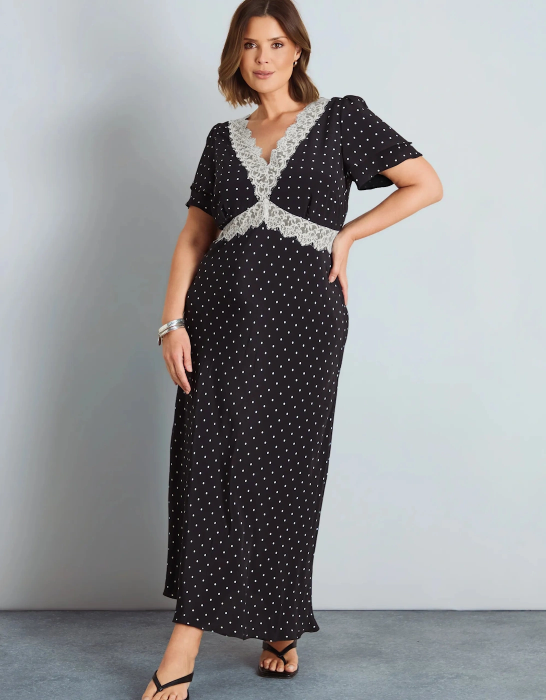 Black Polka Dot Lace Insert Maxi Dress