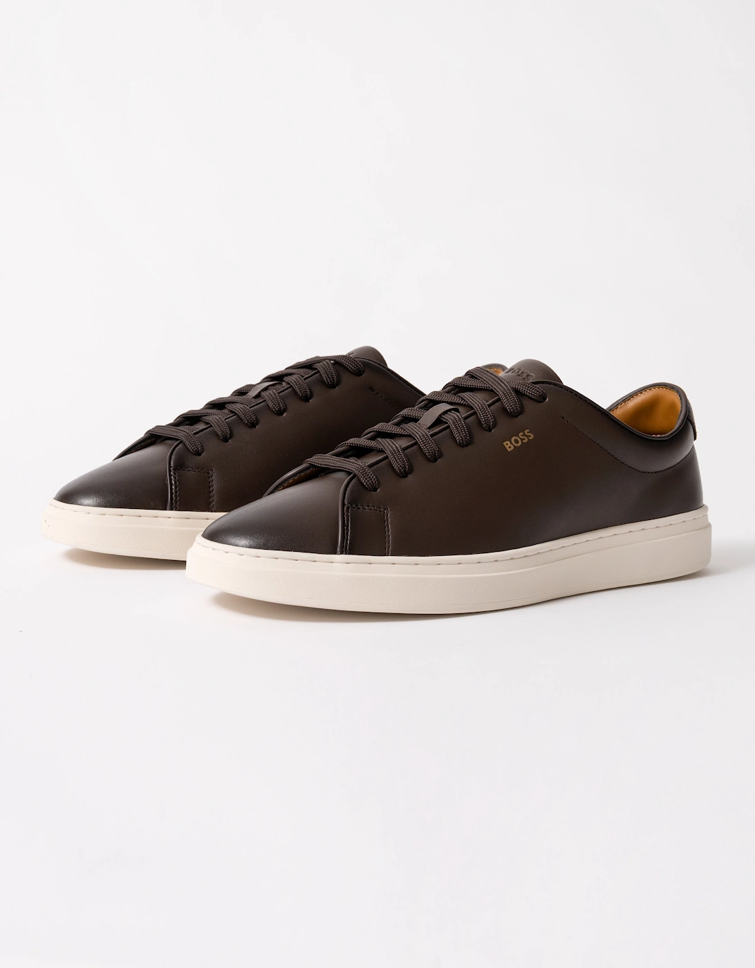 BOSS Orange Kieran Mens Cupsole sneakers in smooth leather with gold-tone logo - Black 005 - Dark Brown 201