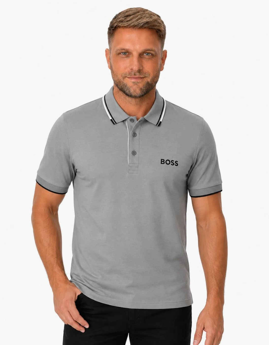 BOSS Paddy Pro Polo Shirt Medium Grey/Black/White