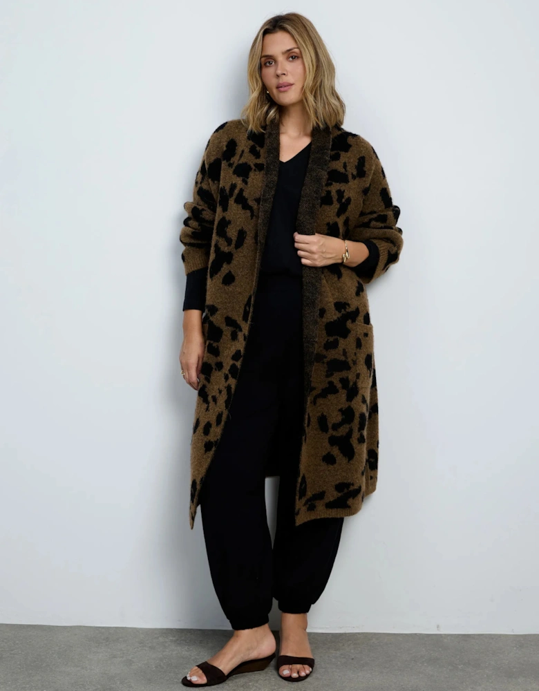 Brown Animal Alpaca Blend Coatigan With Patch Pockets
