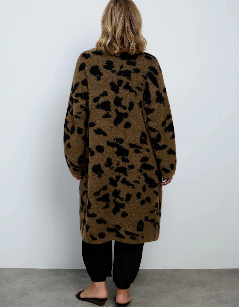 Brown Animal Alpaca Blend Coatigan With Patch Pockets