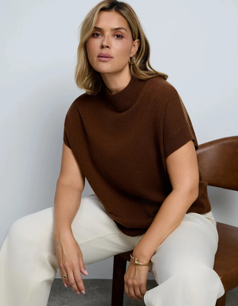 Brown High Neck Knitted Vest With Cashmere