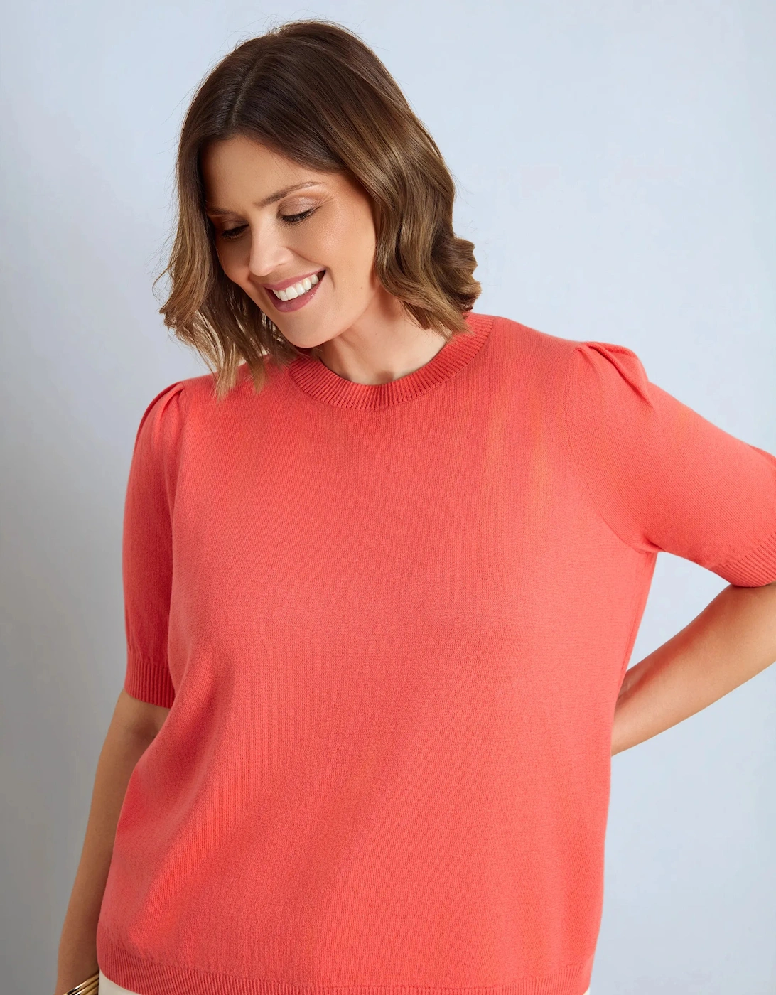 Coral Puff Sleeve Fine Knit Short Sleeve Jumper