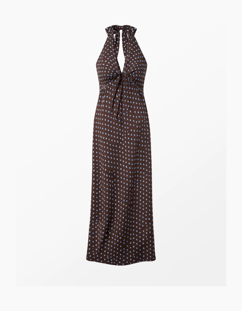 Petite Brown And Blue Spot Print Halter Neck Dress