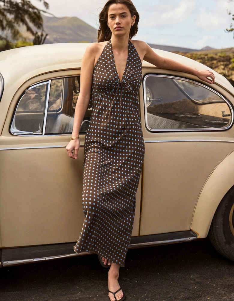 Petite Brown And Blue Spot Print Halter Neck Dress