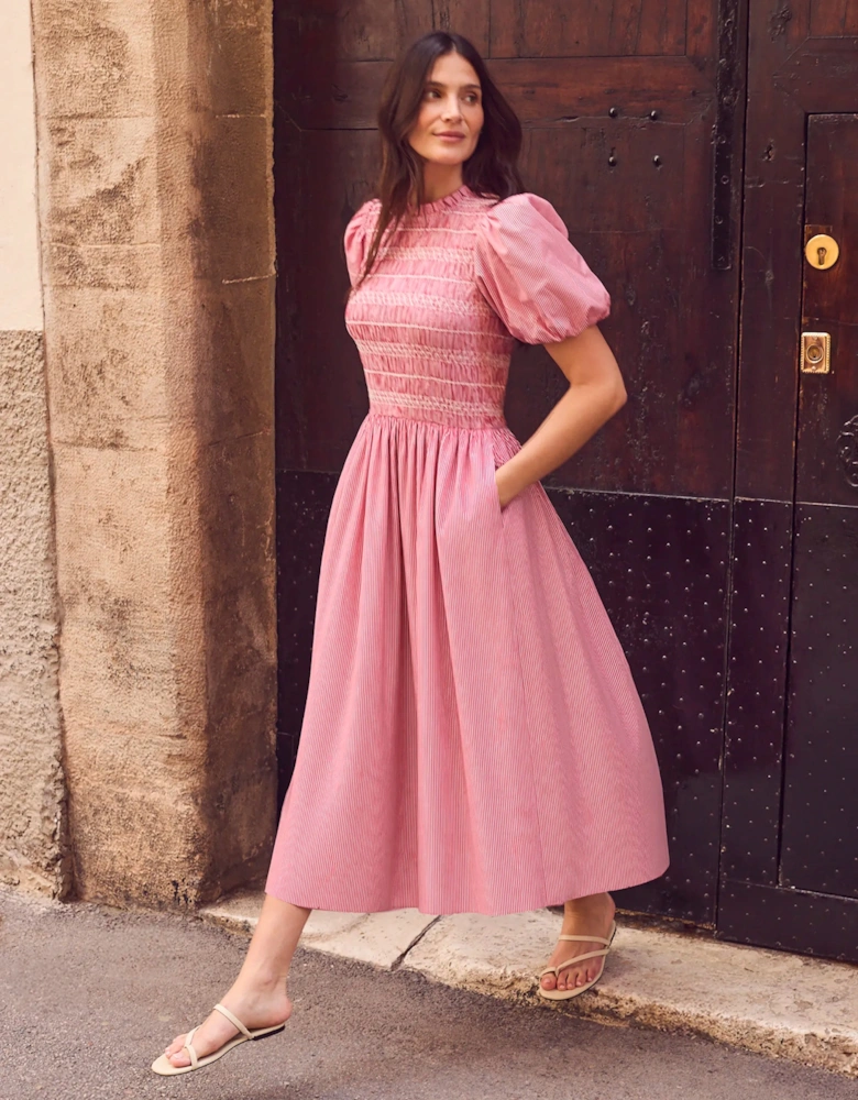 Red Stripe Shirred Bodice Dress With Cotton