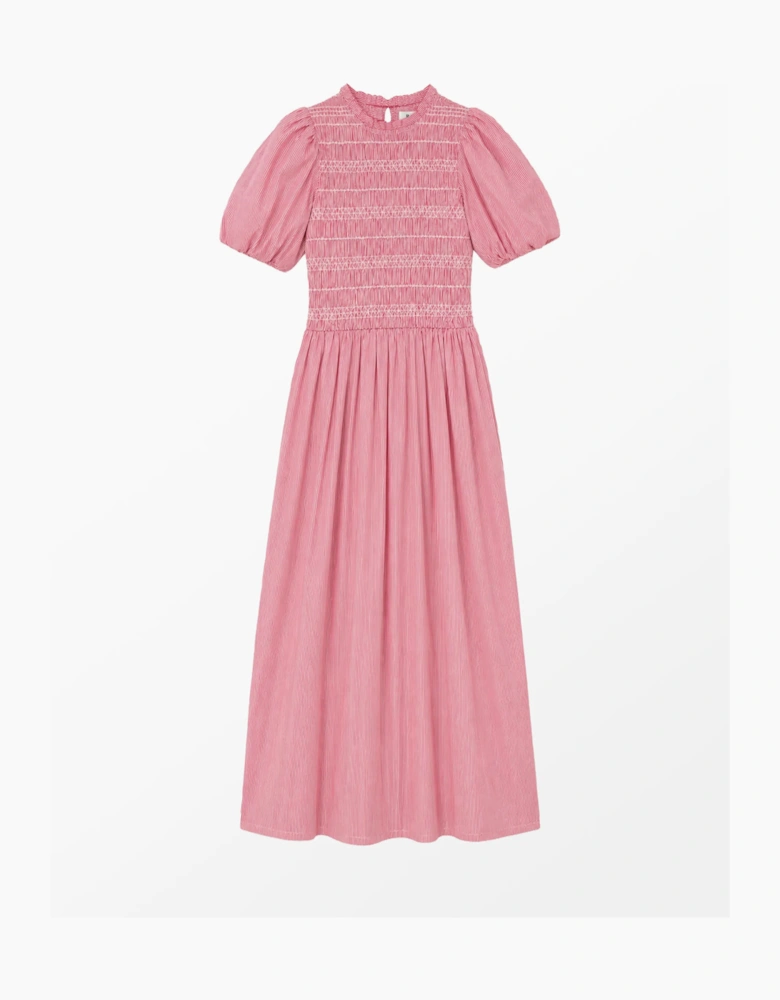 Red Stripe Shirred Bodice Dress With Cotton