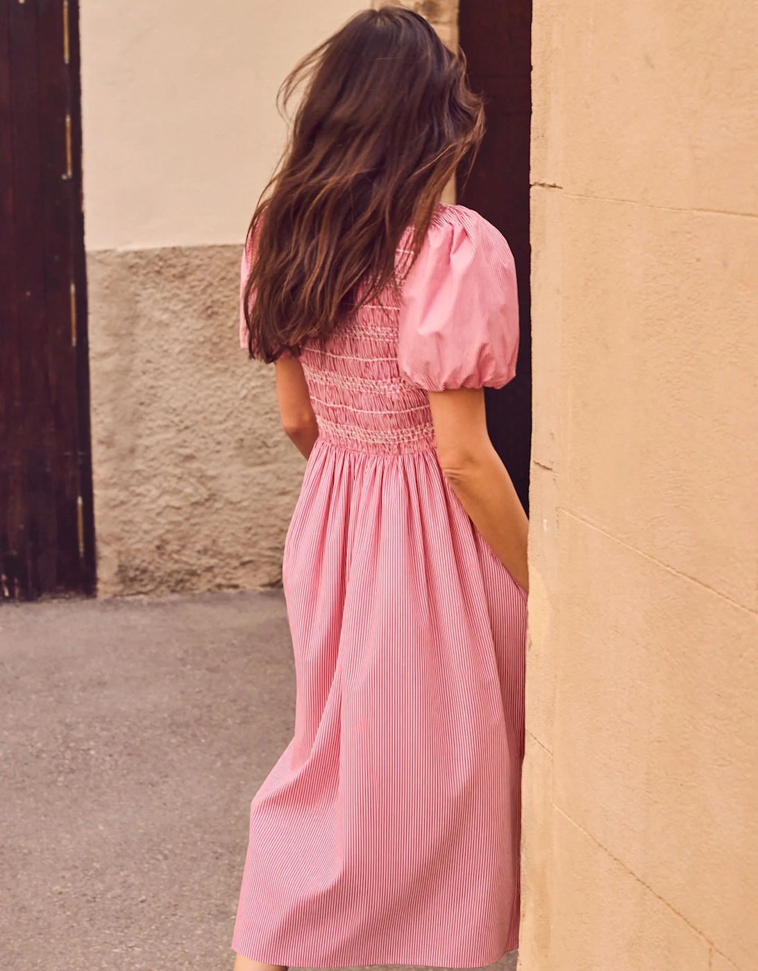 Red Stripe Shirred Bodice Dress With Cotton