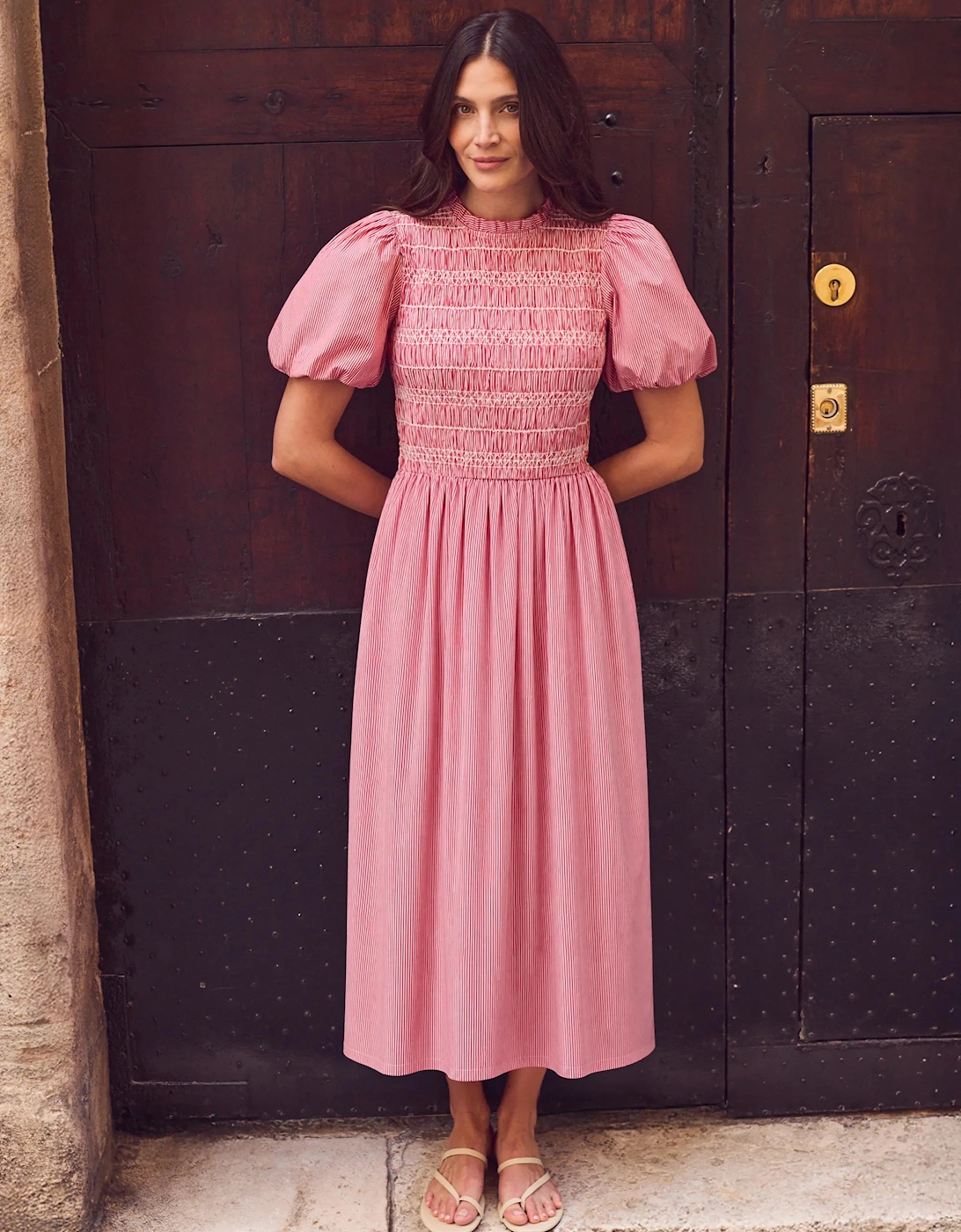 Red Stripe Shirred Bodice Dress With Cotton