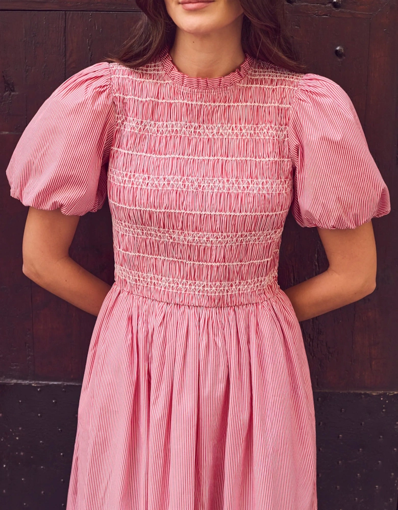 Red Stripe Shirred Bodice Dress With Cotton