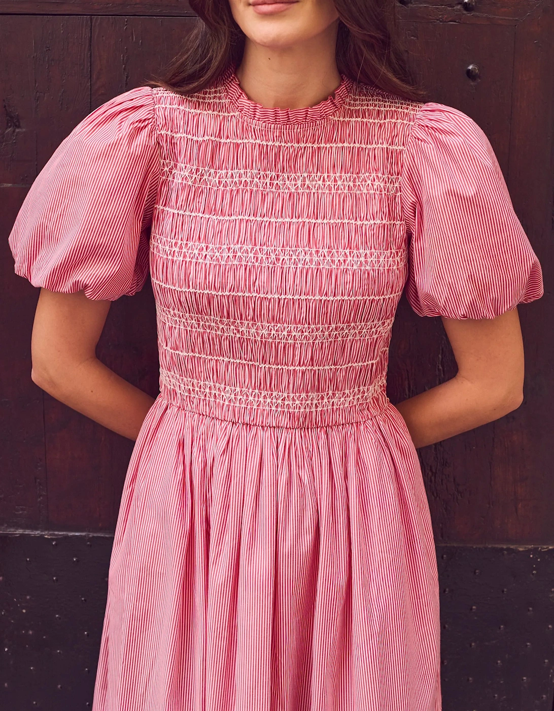 Red Stripe Shirred Bodice Dress With Cotton