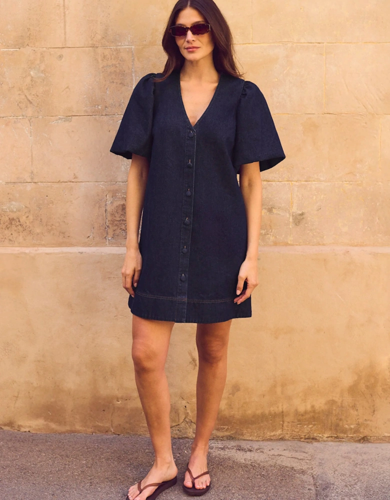 Indigo Denim Button-Through Mini Dress