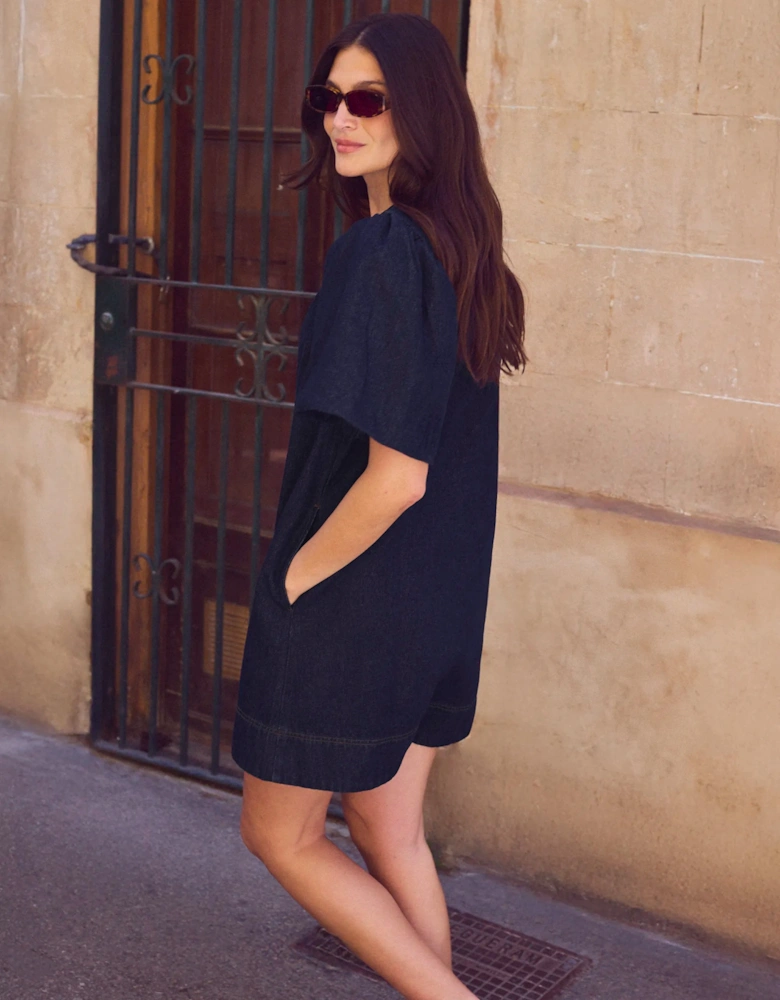 Indigo Denim Button-Through Mini Dress