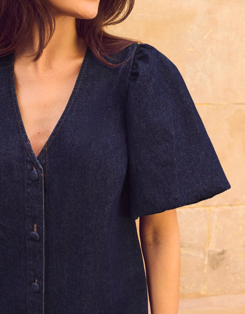Indigo Denim Button-Through Mini Dress