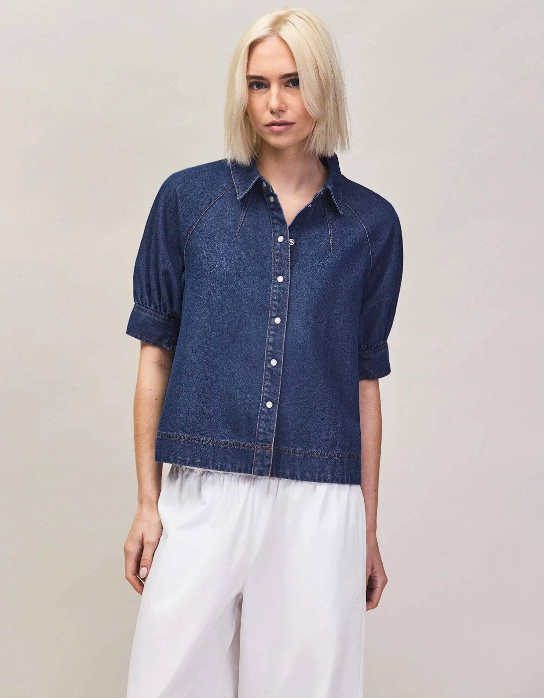 Blue Denim Puff-Sleeve Shirt