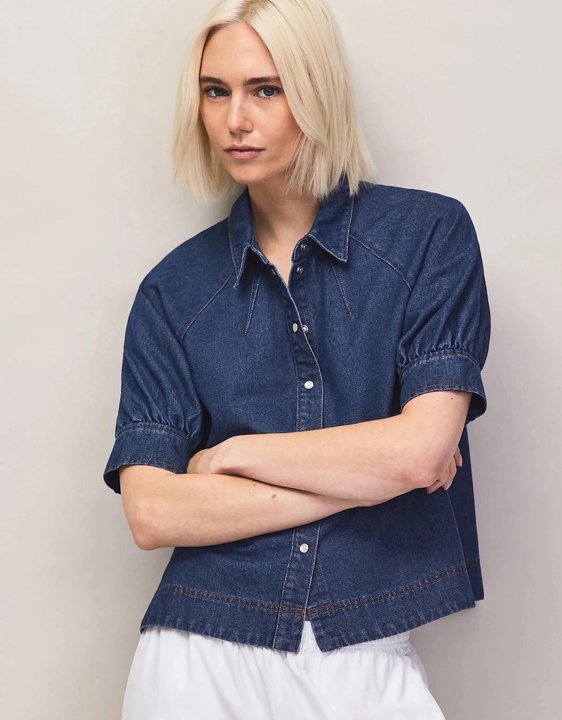 Blue Denim Puff-Sleeve Shirt