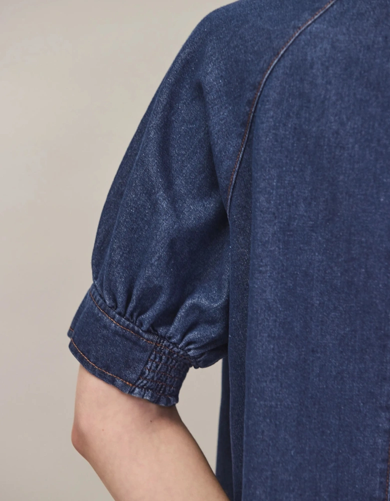 Blue Denim Puff-Sleeve Shirt