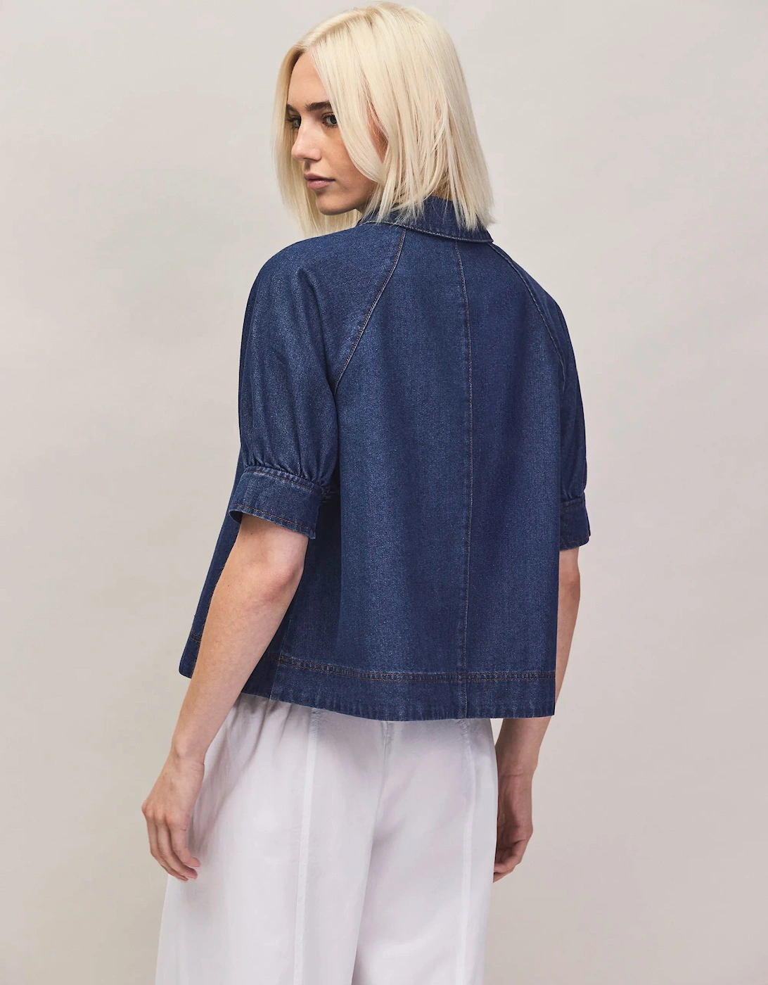 Blue Denim Puff-Sleeve Shirt