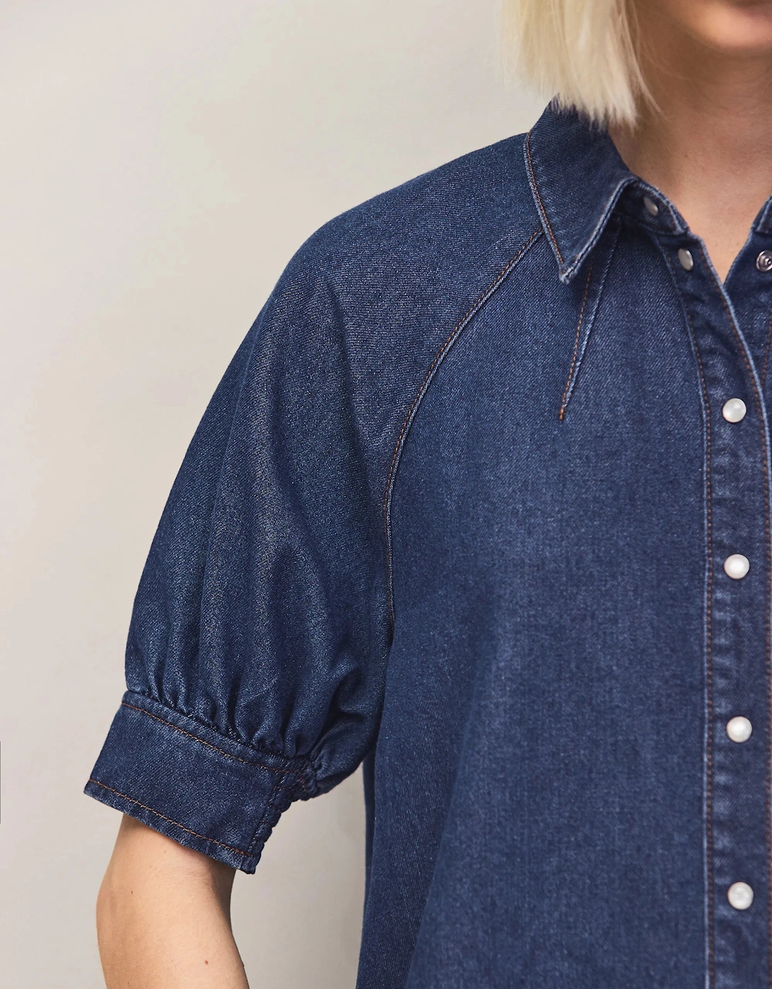 Blue Denim Puff-Sleeve Shirt