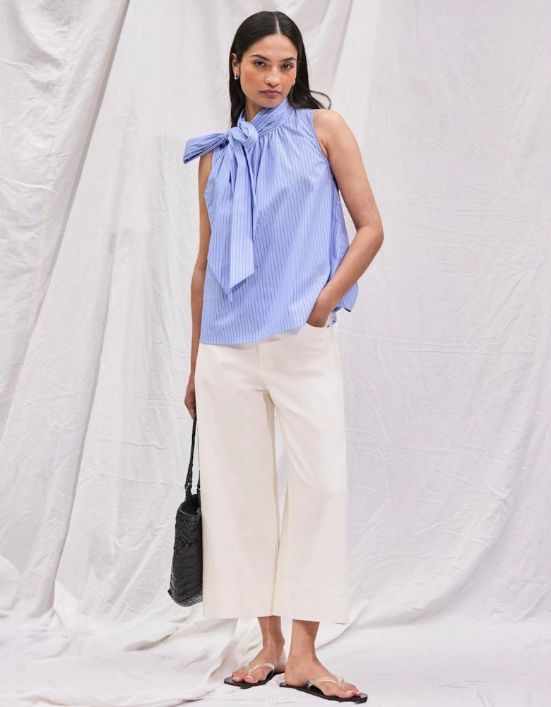 Blue Striped Bow-Detail Sleeveless Blouse