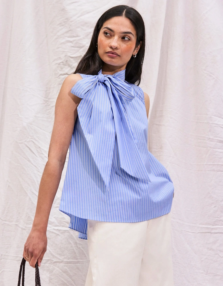 Blue Striped Bow-Detail Sleeveless Blouse
