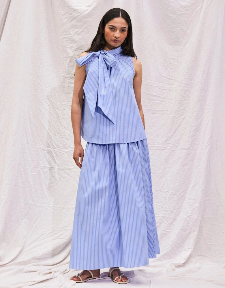 Blue Striped Bow-Detail Sleeveless Blouse