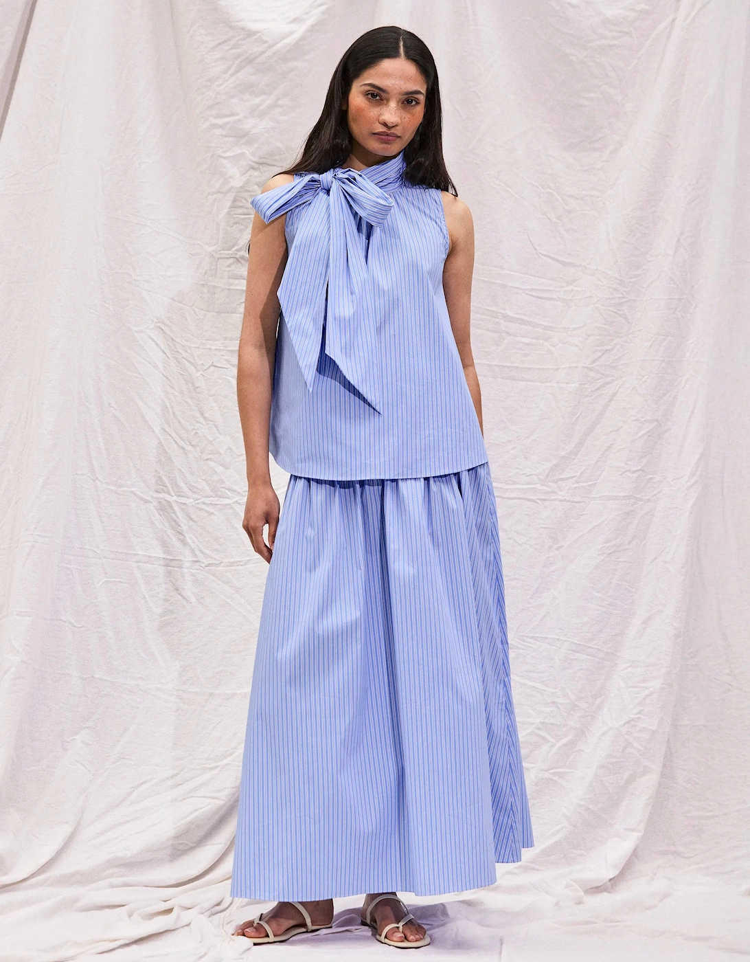 Blue Striped Bow-Detail Sleeveless Blouse